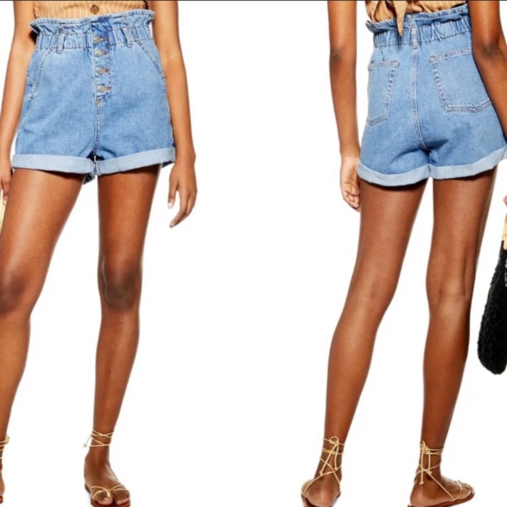 Topshop Paper Bag Button Fly High Rise Jean Shorts